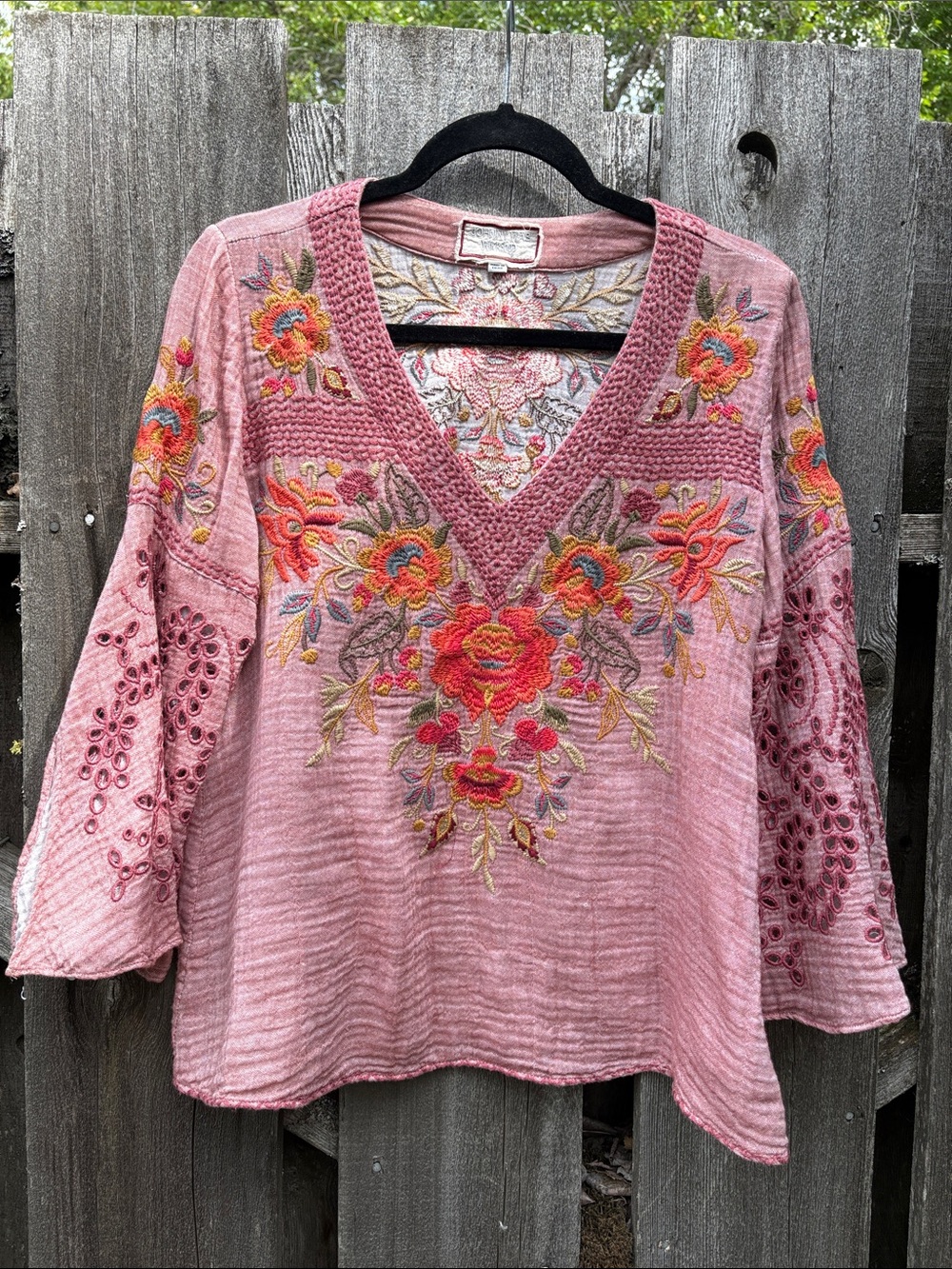 Johnny Was Workshop Pink Embroidered V-Neck Floral Tunic